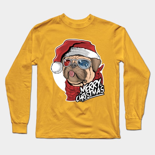 Pug dog with santa claus hat, merry christmas Long Sleeve T-Shirt by stark.shop